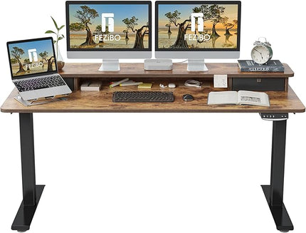 FEZIBO 60 x 24 Inch Height Adjustable Electric Standing Desk with Double Drawer, Stand Up Desk with Storage Shelf, Sit Stand Desk, Rustic Brown - LeafyLoom