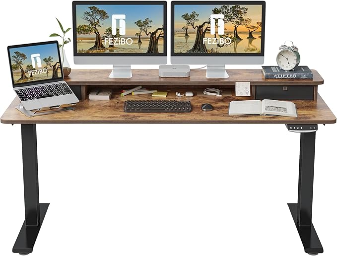 FEZIBO 60 x 24 Inch Height Adjustable Electric Standing Desk with Double Drawer, Stand Up Desk with Storage Shelf, Sit Stand Desk, Rustic Brown - LeafyLoom