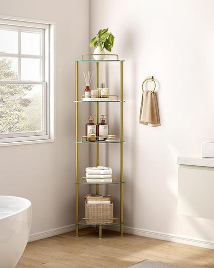 5-Tier Corner Shelf Stand, Gold Corner Bookshelf, Bathroom Organizer, Plant Stand, Tempered Glass Shelves, Modern Style for Living Room, Bedroom, Kitchen, Home Office, Metallic Gold - LeafyLoom