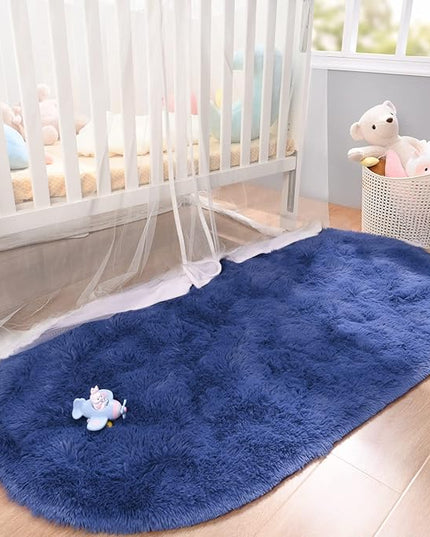 Merelax Soft Shaggy Rug for Kids Bedroom Oval 2.6'x5.3' Light Navy Plush Fluffy Carpet for Living Room, Furry Carpet for Teen Girls Room, Anti-skid Fuzzy Comfy Rug for Nursery Decor Cute Baby Play Mat - LeafyLoom