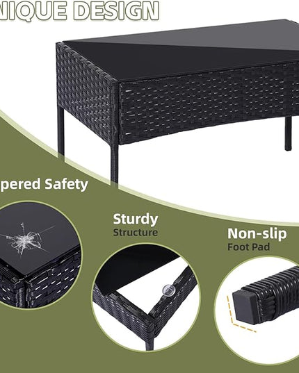 Patio Furniture Set,4 Piece Garden Conversation Set, Outdoor Wicker Rattan Table and Chairs, Black Patio Set, Sectional Sofa with Thick Cushion for Garden, Yard, or Porch (Black/Beige) - LeafyLoom
