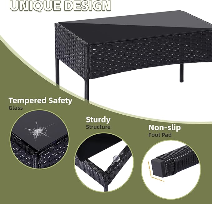 Patio Furniture Set 4 Pieces Conversation Sets Outdoor Wicker Rattan Chairs Garden Backyard Balcony Porch Poolside Loveseat with Soft Cushion and Tempered Glass Table(Black/Beige) - LeafyLoom
