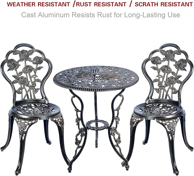 3 Piece Bistro Set,Outdoor Patio Set,Anti-Rust Cast Aluminum Bistro Table Set for Park Yard Front Porch Furniture(Antique Copper) - LeafyLoom