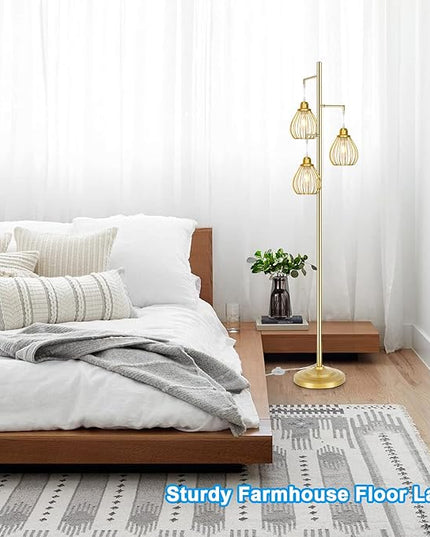 Lakumu Industrial Floor Lamp for Living Room, Golden Farmhouse Floor Lamp with 3 Elegant Teardrop Cage Heads & ST58 Edison LED Bulbs, Sturdy Base Tall Vintage Pole Light, Rustic Floor Lamp for Bedroom - LeafyLoom