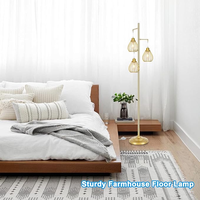 Lakumu Industrial Floor Lamp for Living Room, Golden Farmhouse Floor Lamp with 3 Elegant Teardrop Cage Heads & ST58 Edison LED Bulbs, Sturdy Base Tall Vintage Pole Light, Rustic Floor Lamp for Bedroom - LeafyLoom