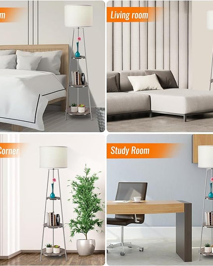 Floor Lamp, Standing Lamp with White Fabric Shade, 3-Tier Round Corner Shelf Floor Lamp with 3 Dimmable Levels, Tall Modern Floor Lamps with Shelves for Bedroom, Living Room and Office - LeafyLoom