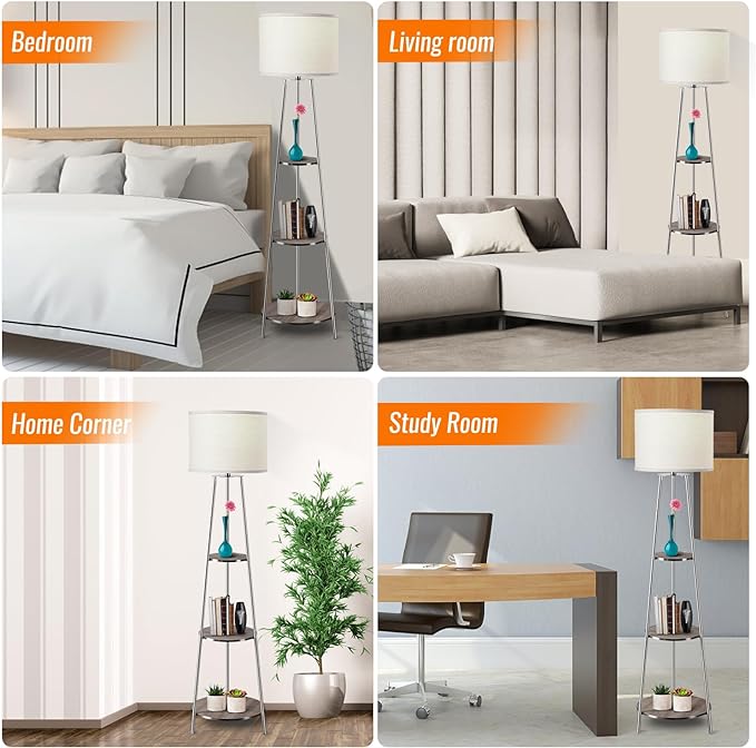 Floor Lamp, Standing Lamp with White Fabric Shade, 3-Tier Round Corner Shelf Floor Lamp with 3 Dimmable Levels, Tall Modern Floor Lamps with Shelves for Bedroom, Living Room and Office - LeafyLoom
