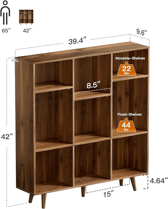 Pipishell 9-Cube Bookshelf, Bookcase with 3 Height-Adjustable Shelves and Solid Legs, Cube Storage Shelf, Modern Freestanding Open Bookshelf for Living Room, Bedroom (Walnut) - LeafyLoom