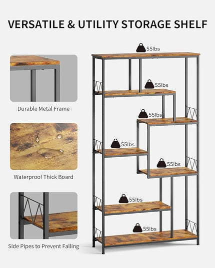 Gizoon 71” Industrial Bookshelves for Storage, Tall Display Etagere 8-Shelves for Bedroom, Metal Frame Staggered Bookcases for Bedroom, Living Room, Home Office, Retro - LeafyLoom