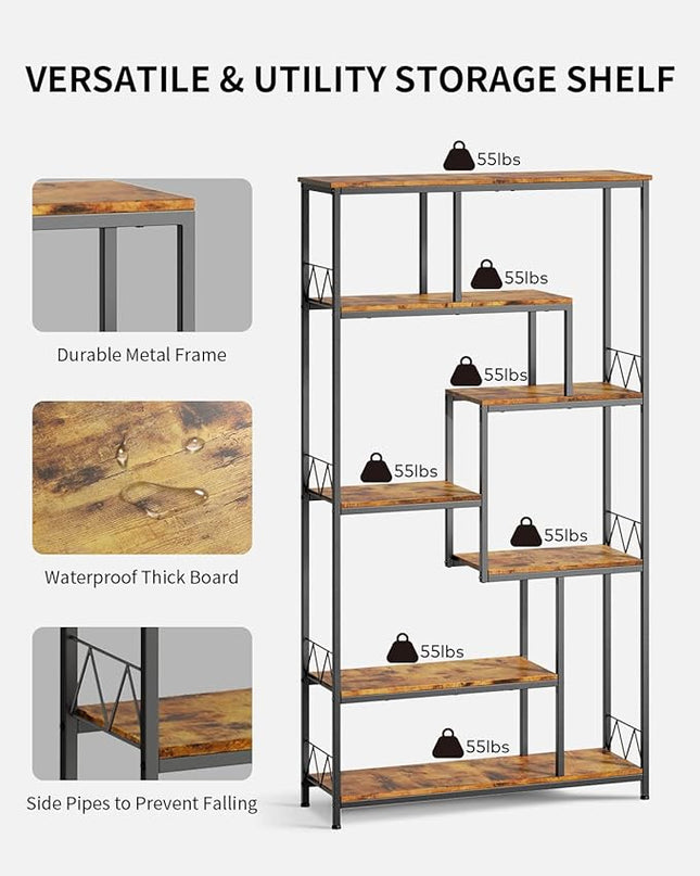 Gizoon 71” Industrial Bookshelves for Storage, Tall Display Etagere 8-Shelves for Bedroom, Metal Frame Staggered Bookcases for Bedroom, Living Room, Home Office, Retro - LeafyLoom