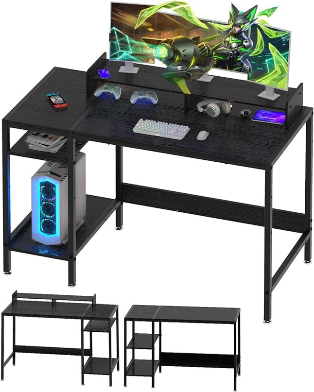 Computer Desk - 38” Gaming Desk, Home Office Desk with Storage, Small Desk with Monitor Stand, Writing Desk for 2 Monitors, Adjustable Storage Space, Modern Design Corner Table, Black. - LeafyLoom