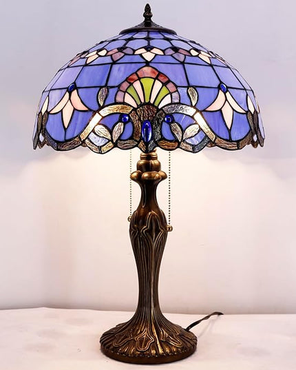 WERFACTORY Tiffany Lamp Blue Purple Stained Glass Baroque Table Lamp Lavender Style Bedside Desk Light Metal Base 16X16X24 Inches Decor Bedroom Living Room Home Office S003C Series (Blue Baraque) - LeafyLoom