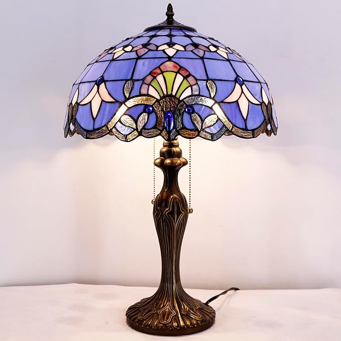 WERFACTORY Tiffany Lamp Blue Purple Stained Glass Baroque Table Lamp Lavender Style Bedside Desk Light Metal Base 16X16X24 Inches Decor Bedroom Living Room Home Office S003C Series (Blue Baraque) - LeafyLoom