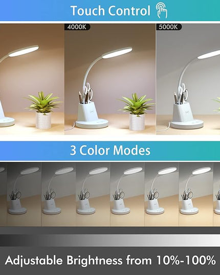 Sailstar Desk Lamp for Home Office, Small Desk Lamp with Wireless Charger & Pen Holder, Cute Desk Lamp LED Dimmable Touch 3 Lighting Modes Memory, Gooseneck White Desk Light for College Dorm Room - LeafyLoom