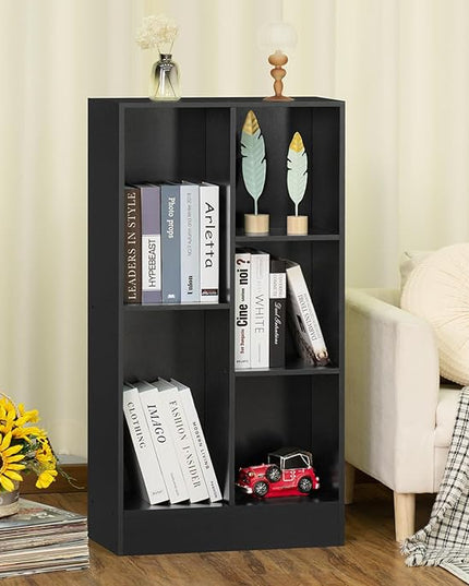YAHARBO 5 Cube Black Bookshelf,Small Modern Horizontal Bookcase,Wood Floor Standing Low Bookshelves Display Storage Cabinet with Base, Short Book Shelf Open Organizer for Bedroom,Living Room,Office - LeafyLoom