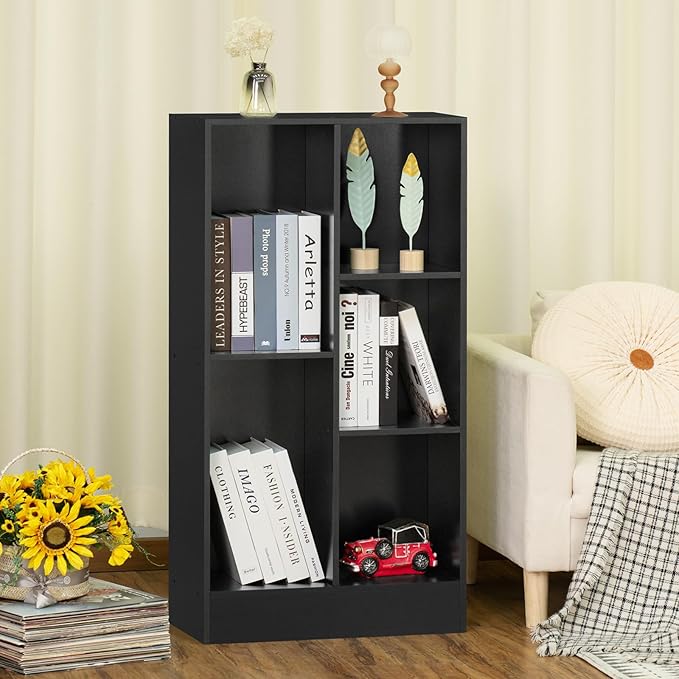 YAHARBO 5 Cube Black Bookshelf,Small Modern Horizontal Bookcase,Wood Floor Standing Low Bookshelves Display Storage Cabinet with Base, Short Book Shelf Open Organizer for Bedroom,Living Room,Office - LeafyLoom
