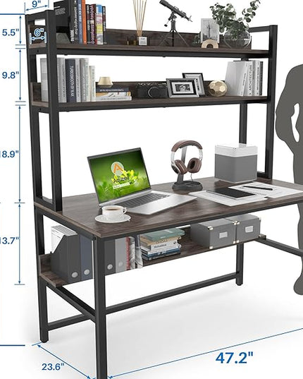 Aquzee Desk with Hutch Bookshelves, Computer Desk with 3 Tiers Storage Shelves, Space Saving Design Black Metal Legs Desk with Grey Board, Easy Assemble - LeafyLoom