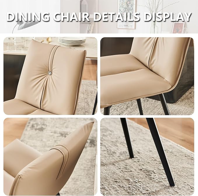 YOUTASTE Dining Chairs Set of 2 Mid Century Modern Upholstered Kitchen Chairs Soft Padded Side Chairs Leather Dinner Chairs with Metal Legs for Living Room Bedroom, Khaki - LeafyLoom