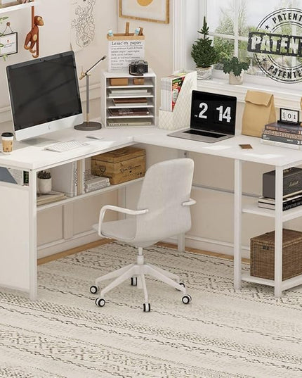 FATORRI L Shaped Computer Desk, Reversible Modern Corner Desk for Home Office, Rustic Wood and Metal Desk with Storage, White Oak (59 Inch) - LeafyLoom