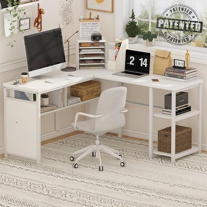 FATORRI L Shaped Computer Desk, Reversible Modern Corner Desk for Home Office, Rustic Wood and Metal Desk with Storage, White Oak (59 Inch) - LeafyLoom