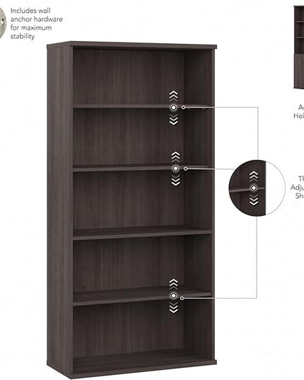 Bush Business Furniture Studio C Tall 5 Shelf Bookcase in Storm Gray, Large Bookshelf for Home or Professional Office - LeafyLoom