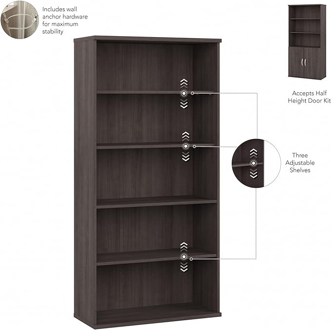 Bush Business Furniture Studio C Tall 5 Shelf Bookcase in Storm Gray, Large Bookshelf for Home or Professional Office - LeafyLoom
