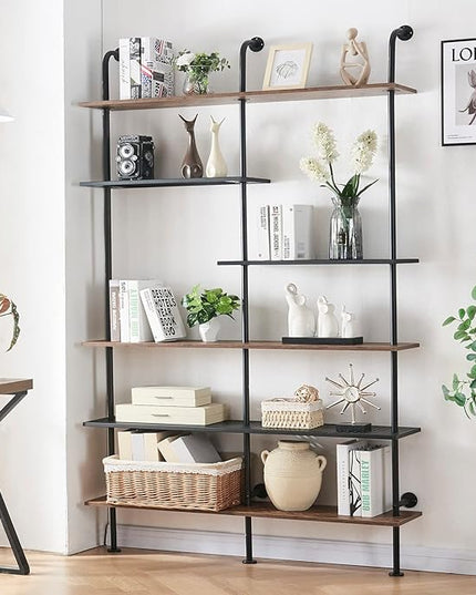 HOMISSUE Industrial Bookshelf 6-Tier Open Wall Mount Ladder Bookshelf, Modern Bookcase with Metal Frame and Wood Style for Home Office, Wall Mounted industrial Iron Pipe Shelf, Brown - LeafyLoom