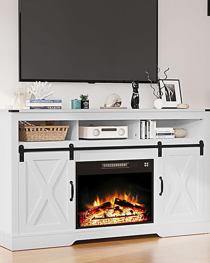 Farmhouse Fireplace TV Stand for 65+ Inch TV, Entertainment Center with 23" Electric Fireplace with Remote, Modern Rustic TV Console with Sliding Bar Door for Living Room, White - LeafyLoom