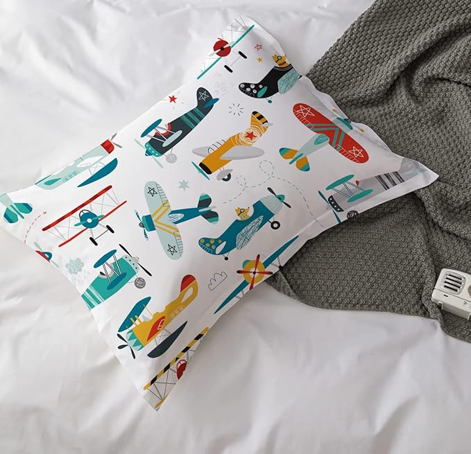 Kids Airplane Comforter Set Twin Size Colorful Cartoon propeller plane Bedding Set Kids Boys Teens Young Man Cartoon Airplanes Down Comforter Aviation Theme Duvet Bedroom Decor - LeafyLoom