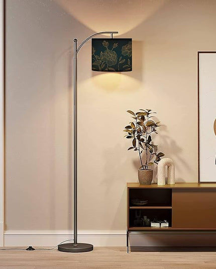 Modern Arc Floor Lamp with Dimmer Mid Century art deco luxury flower roses line golden Hand drawn for packaging Metal Standing Lamp with Linen Shade Footswitch for Living Room Bedroom Office - LeafyLoom