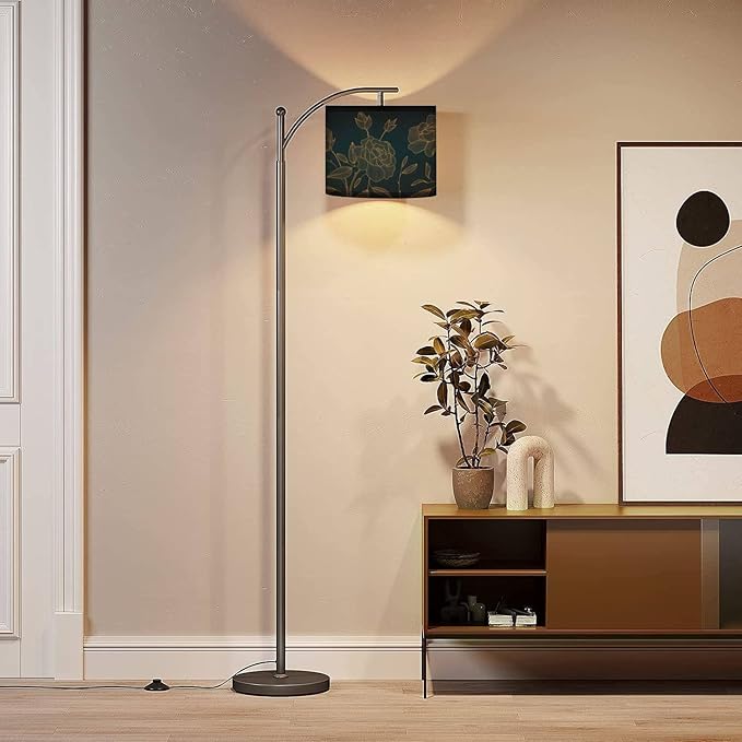 Modern Arc Floor Lamp with Dimmer Mid Century art deco luxury flower roses line golden Hand drawn for packaging Metal Standing Lamp with Linen Shade Footswitch for Living Room Bedroom Office - LeafyLoom