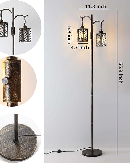 Industrial Floor Lamp,Vintage Dimmable Floor Lamp,2 Classical Lanterns Standing Lamp, Rustic Farmhouse Floor Lamp with Bronze Gold Finish, for Living Room Bedroom (Bronze) - LeafyLoom