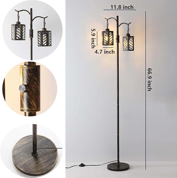 Industrial Floor Lamp,Vintage Dimmable Floor Lamp,2 Classical Lanterns Standing Lamp, Rustic Farmhouse Floor Lamp with Bronze Gold Finish, for Living Room Bedroom (Bronze) - LeafyLoom