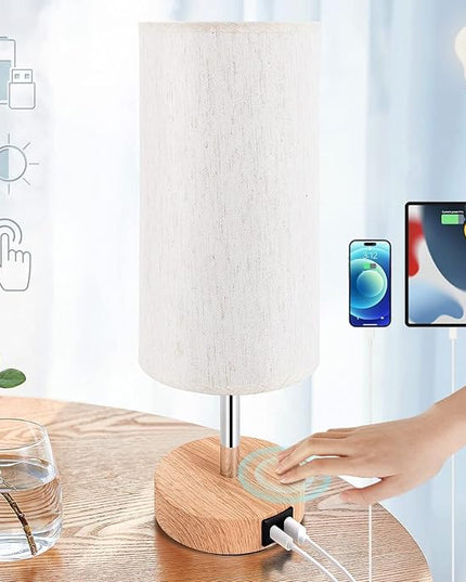 Yarra-Decor Bedside Lamp with USB A+C Port - Touch Control Table Lamp for Bedroom Wood 3 Way Dimmable Nightstand Lamp with Round Flaxen Fabric Shade for Home Office (LED Bulb Included) - LeafyLoom
