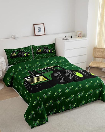 Erosebridal Boys Tractor Comforter Set Twin Size, Green Equipment Trucks Bedding Set, Construction Excavator Down Comforter, Cartoon Kids Car Room Decor Lightweight Soft Quilt Set, Farm Car Comforter - LeafyLoom