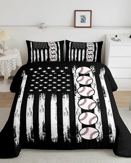 Feelyou Baseball Comforter American Flag Comforter Set Kids Boys Baseball Sports Games Bedding Set Children Girls Teens Black and White Ball Microfiber Quilt Set Room Decor for All Season Queen Size - LeafyLoom