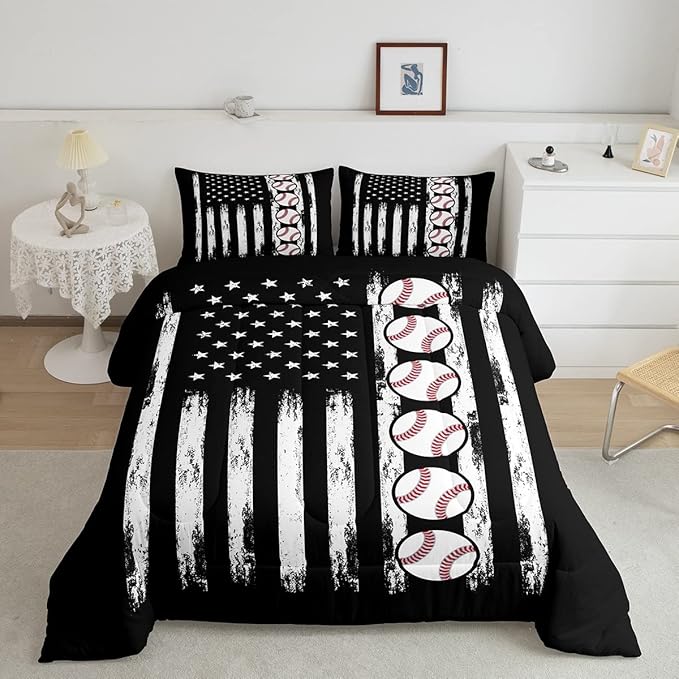Feelyou Baseball Comforter American Flag Comforter Set Kids Boys Baseball Sports Games Bedding Set Children Girls Teens Black and White Ball Microfiber Quilt Set Room Decor for All Season Queen Size - LeafyLoom