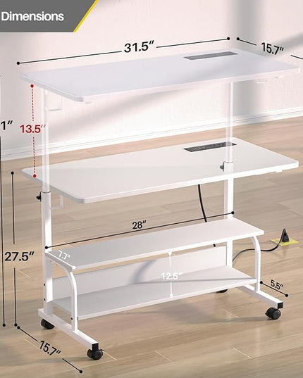 Height Adjustable Standing Desk with Power Outlets, 32" Manual Stand Up Desk with Storage Shelves Small Mobile Rolling Computer Desk Portable Laptop Table with Wheels for Home Office, White - LeafyLoom