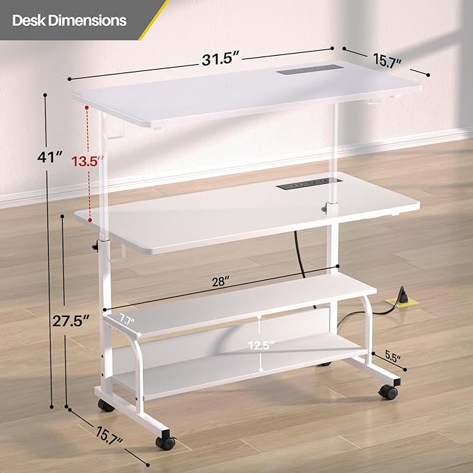 Height Adjustable Standing Desk with Power Outlets, 32" Manual Stand Up Desk with Storage Shelves Small Mobile Rolling Computer Desk Portable Laptop Table with Wheels for Home Office, White - LeafyLoom