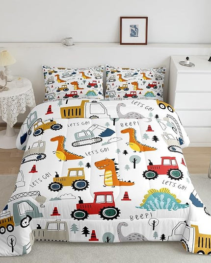 Feelyou Construction Comforter Set Kids Cartoon Dinosaur Comforter Cover Set for Boys Equipment Trucks Bedding Set Construction Vehicles Kawaii Jungle Dino Duvet Set Room Decor Quilt Set King Size - LeafyLoom