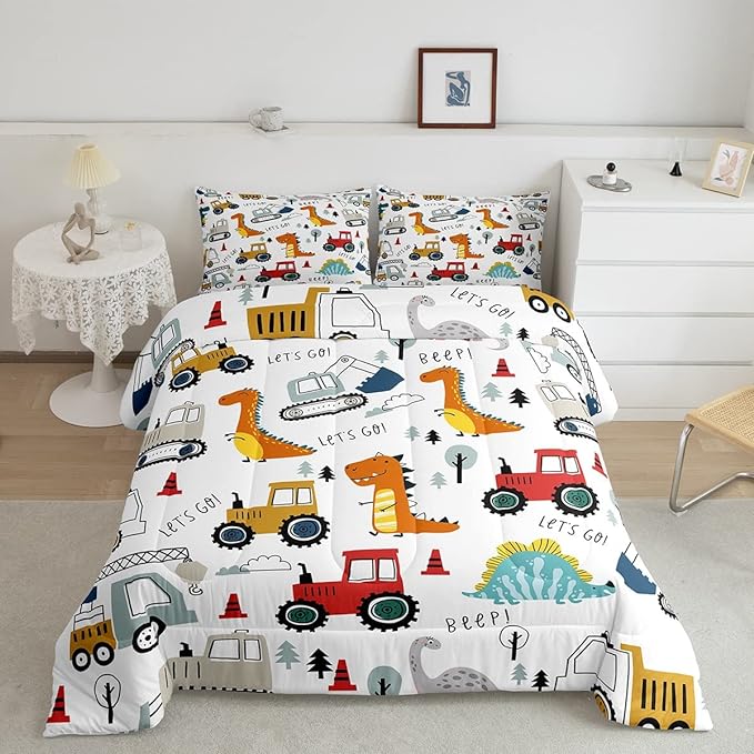 Feelyou Construction Comforter Set Kids Cartoon Dinosaur Comforter Cover Set for Boys Equipment Trucks Bedding Set Construction Vehicles Kawaii Jungle Dino Duvet Set Room Decor Quilt Set Full Size - LeafyLoom