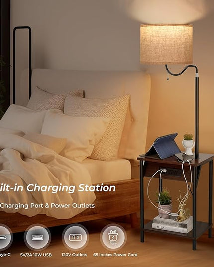 FIMEI Floor Lamp with Table, End Table with Charging Station USB Ports & Outlets, Bedside Table 3 Color Temperature Reading Light, Nightstand with Shelves for Living Room Bedroom Apartment, Red Brown - LeafyLoom