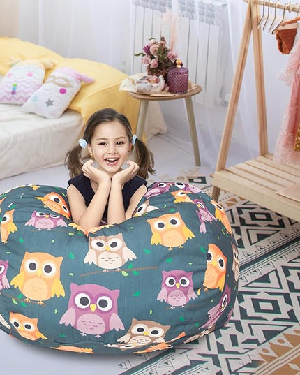 Stuffed Animal Storage Bean Bag Chair Cover, Hold Kids Plush Toys Blankets Towels Beanbag (Cover Only), Canvas Floor Circle Stuff Sit Seat Sofa with YKK Zipper, Extra Large 38", Owl - LeafyLoom