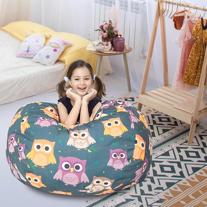 Stuffed Animal Storage Bean Bag Chair Cover, Hold Kids Plush Toys Blankets Towels Beanbag (Cover Only), Canvas Floor Circle Stuff Sit Seat Sofa with YKK Zipper, Extra Large 38", Owl - LeafyLoom