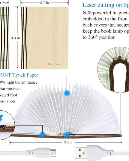 HutHomery Desk Lamp, Wooden Book Light, LED Night Reading Light, Bedside Desk Table & Wall Light Lamp USB, Perfect for Nightstand, Home & Office Decor Gift Ideas - LeafyLoom