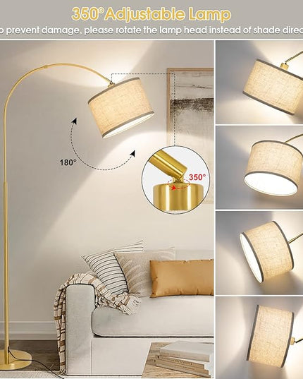 Gold Floor Lamp, Arc Floor Lamp for Living Room with Adjustable Drum Lampshade, Modern Tall Standing Lamp with On/Off Foot Switch, Over Couch Arched Reading Light for Reading, Bedroom, Office - LeafyLoom