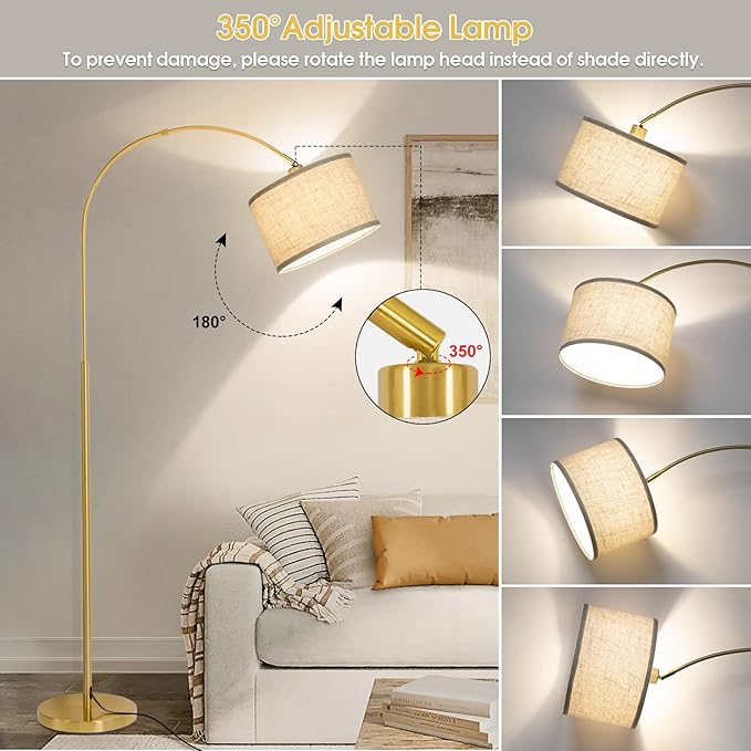 Gold Floor Lamp, Arc Floor Lamp for Living Room with Adjustable Drum Lampshade, Modern Tall Standing Lamp with On/Off Foot Switch, Over Couch Arched Reading Light for Reading, Bedroom, Office - LeafyLoom