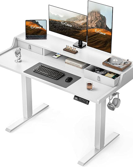 ErGear Electric Standing Desk with Drawers, 48″ x 24″ Gaming Desk with Monitor Stand, C-Clamp Mount Compatible, Home Office Height-Adjustable Desk with Storage Shelf, 4 Preset Heights, White, EGESD36W - LeafyLoom