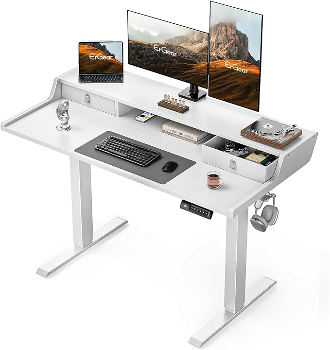 ErGear Electric Standing Desk with Drawers, 48″ x 24″ Gaming Desk with Monitor Stand, C-Clamp Mount Compatible, Home Office Height-Adjustable Desk with Storage Shelf, 4 Preset Heights, White, EGESD36W - LeafyLoom