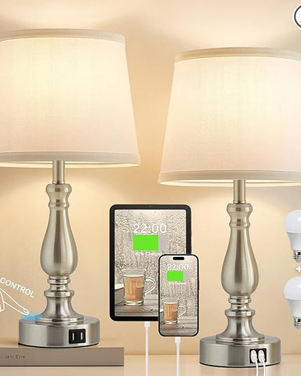 Table Lamps for Bedrooms Set of 2 - Touch Bedside Lamps with Dual USB Ports, 3 Way Dimmable White Nightstand Lamps for End Tables, Farmhouse Night Stand Lamps for Living Room Bed Side Guest Room - LeafyLoom